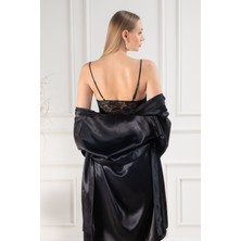 Lunoche Nightwear Kadın Güpür Dantel Detaylı Saten Çeyizlik Ikili Gecelik Sabahlık Takımı