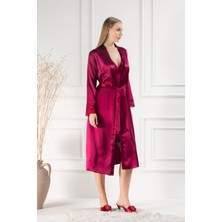 Lunoche Nightwear Kadın Dantelli Sırt Detaylı Uzun Saten Çeyizlik Ikili Gecelik Sabahlık Takımı
