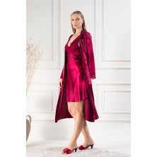 Lunoche Nightwear Kadın Dantelli Sırt Detaylı Uzun Saten Çeyizlik Ikili Gecelik Sabahlık Takımı