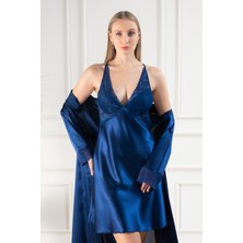 Lunoche Nightwear Kadın Dantelli Sırt Detaylı Uzun Saten Çeyizlik Ikili Gecelik Sabahlık Takımı