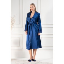 Lunoche Nightwear Kadın Dantelli Sırt Detaylı Uzun Saten Çeyizlik Ikili Gecelik Sabahlık Takımı
