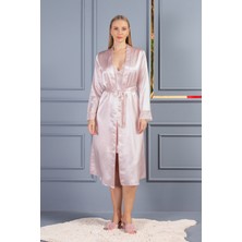Lunoche Nightwear Kadın Dantelli Sırt Detaylı Uzun Saten Çeyizlik Ikili Gecelik Sabahlık Takımı