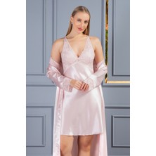 Lunoche Nightwear Kadın Dantelli Sırt Detaylı Uzun Saten Çeyizlik Ikili Gecelik Sabahlık Takımı
