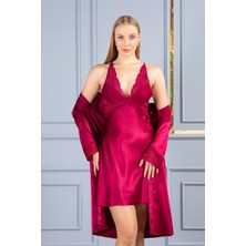 Lunoche Nightwear Kadın Dantelli Sırt Detaylı Kısa Saten Çeyizlik Ikili Gecelik Sabahlık Takımı