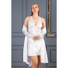 Lunoche Nightwear Kadın Dantelli Sırt Detaylı Kısa Saten Çeyizlik Ikili Gecelik Sabahlık Takımı