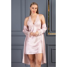 Lunoche Nightwear Kadın Dantelli Sırt Detaylı Kısa Saten Çeyizlik Ikili Gecelik Sabahlık Takımı