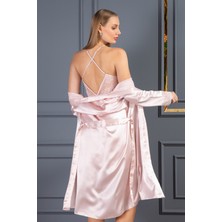 Lunoche Nightwear Kadın Dantelli Sırt Detaylı Kısa Saten Çeyizlik Ikili Gecelik Sabahlık Takımı