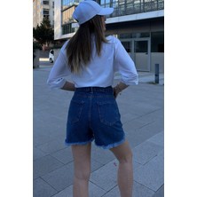 Kadın Laci Püsküllü Paça, Yüksek Bel, Rahat Denim-Kot Şort