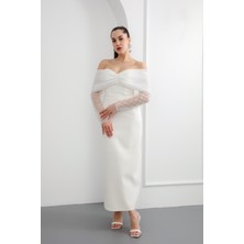 Kadın Beyaz Kol Detaylı Fiyonklu Söz Nişan Nikah Abiye Elbise