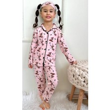 Pjkö Geyik ve Kelebek Desenli Pembe Uzun Kollu Önden Düğmeli Kız Çocuk Pijama Takımı 4-12 Yaş 542U-P