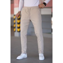 Erkek Krem Beli Lastikli Bağcıklı Esnek Fitted Jogger Pantolon Kumaş Pantolon