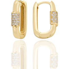 Shiny Spectra 14 Ayar Altın Dikdtörgen Oval Köşeli Huggie Küpe Zirkon Taşlı T105