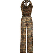 Aquella Desenli Simli Kahverengi Crop Top-Pantolon Takım