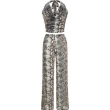 Aquella Tül Piton Desen Crop Top-Pantolon Takım