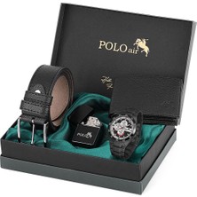 Polo Air Logolu Klasik Erkek Cüzdan Kemer Kol Saati Çakmak Seti Siyah Kombin PL-0878E1