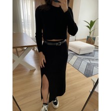 Myrum Butik Siyah Yırtmaçlı Etek Triko Takım Standart