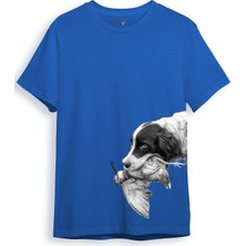Hunter Avcılık Baskılı Av Köpeği Ağzında Çulluk Yan Detay Bakılı %100 Pamuk Regular Fit T-Shirt