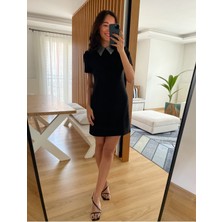 Myrum Butik Siyah Gömlek Yaka Süet Elbise M