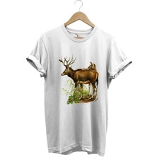 Avcılık Geyik Avcılığı ve Doğa Baskılı Orman Temalı %100 Pamuk Regular Fit T-Shirt