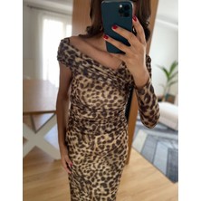 Myrum Butik Leopar Desenli Midi Elbise L