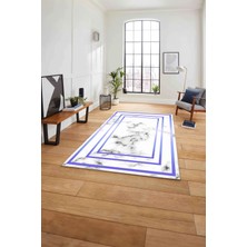 Napoli Home Baskılı Mermer Dikdörtgen Çizgili Kaymaz Yıkanabilir Yolluk Mutfak Salon Halısı, Mermer-33-Mavi,