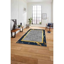Napoli Home Baskılı Mermer Çerçeveli Modern Kaymaz Yıkanabilir Yolluk Mutfak Salon Halısı, Mermer-67-Mavi,