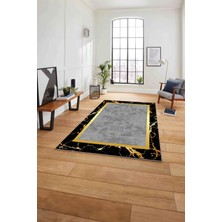 Napoli Home Baskılı Mermer Çerçeveli Modern Kaymaz Yıkanabilir Yolluk Mutfak Salon Halısı, Mermer-67-Siyah,