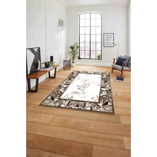 Napoli Home Baskılı Mermer Çerçeve Modern Sade Kaymaz Yıkanabilir Yolluk Mutfak Salon Halısı, Mermer-71-Kahve,