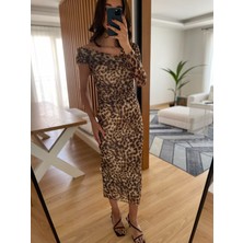 Myrum Butik Leopar Desenli Midi Elbise S