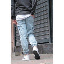 Osyday Erkek Buz Mavisi Jogger Kargo Cepli Kot Pantolon - Lastikli Bel ve Paça, Yıkamalı Denim