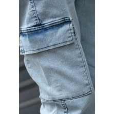 Osyday Erkek Buz Mavisi Jogger Kargo Cepli Kot Pantolon - Lastikli Bel ve Paça, Yıkamalı Denim