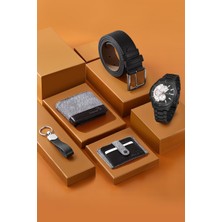 Erkek Kol Saati Kemer Cüzdan Kartlık Anahtarlık Kombin Set Gri Renk PL-0789E5