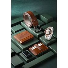 Erkek Kol Saati Kemer Cüzdan Kartlık Çakmak Kombin Set Taba Renk PL-0790E7