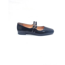 Albini Siyah Rugan Deri Çift Kuşak Kadın Babet Ayakkabı