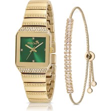 Polo Air Vintage Kare Kadın Kol Saati Zirkon Taşlı Baget Bileklik Gold-Yeşil PL-1488B3