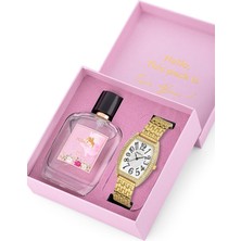 Vintage Kadın Kol Saati Parfüm Hediyelik Kombin Sarı Renk