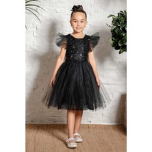 Mnk Baby & Kids Siyah Küpeli Pul Payet Tüllü Kız Çocuk Elbise MNK0526 Özel Günler İçin Şık Tasarım
