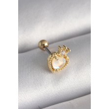 Clariss 316L Çelik Gold Renk Beyaz Mineli Kalp Zirkon Taş Detaylı Taç Tragus Piercing