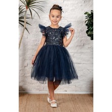 Mnk Baby & Kids Kız Çocuk Abiye Elbise Küpeli Pul Payet Tüllü Lacivert MNK0526