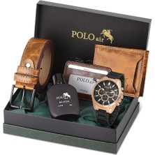 Erkek Kol Saati Cüzdan Kemer Kartlık Parfüm  Kombin PL-0841E3 Taba Set