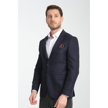 Frappoli Fevual Erkek Koyu Lacivert Mono Yaka Diagonal Desenli Slim Fit Blazer Spor Ceket