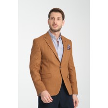 Frappoli Fevual Erkek Camel Mono Yaka Diagonal Desenli Slim Fit Blazer Spor Ceket