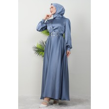 Önü Pileli Tesettür Abiye Gri Mavi