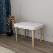 Ahşap Ayak Dekoratif Beyaz Peluş Puf Bench, Makyaj Masası Pufu