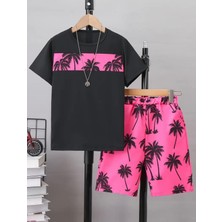 Kids Face Özel Tasarım Palmiye Şerit Baskılı Pamuk Yeni Trend Erkek Çocuk T-Shırt Şort Takımı