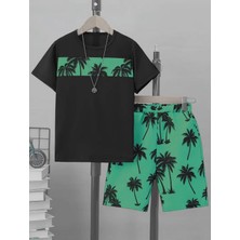 Punıx Kıds Özel Üretim Palmiye  Şerit  Baskılı  Yeni  Stil  Erkek  Çocuk  T-Shırt Şort  Takım