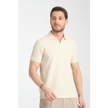 Frappoli Venedik Erkek Açık Bej Esnek Waffle Comfort Fit  Pamuk Kıvrılmaz Polo Yaka Tişört