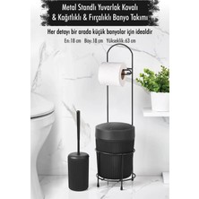 Depa Metal Standlı Yuvarlak Kovalı & Kağıtlıklı & Fırçalıklı Siyah Banyo Takımı