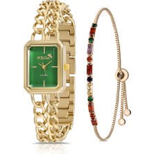 Polo Air Vintage Zincir Kordon Kadın Kol Saati Zirkon Taşlı Renkli Bileklik Kombin Gold Yeşil PL-1503B3