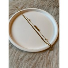 Çelik Gold Çift Zincir Balık Sırtı Üçlü Yassı Kalp Mini Topçuk Detay